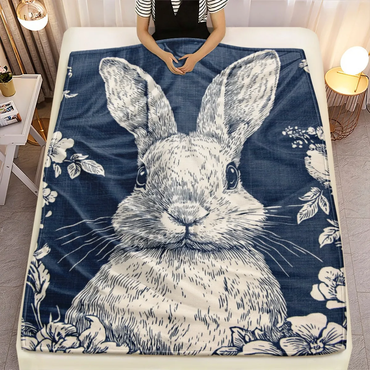 

1pc Black-White Rabbit Blanket - Lightweight, Soft & Warm Digital Printed Flannel Throw for Bed, Sofa, Travel, Camping