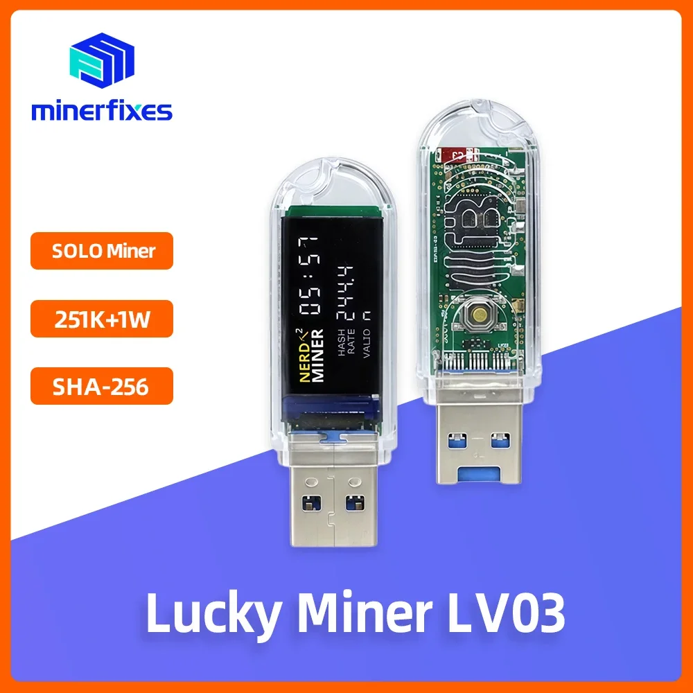 

USB Bitcoin Miner 250KH/s Lucky Miner LV03 Mini BTC Solo Lottery ASIC Miner NerdMiner V2 Style Silent Crypto Mining Device