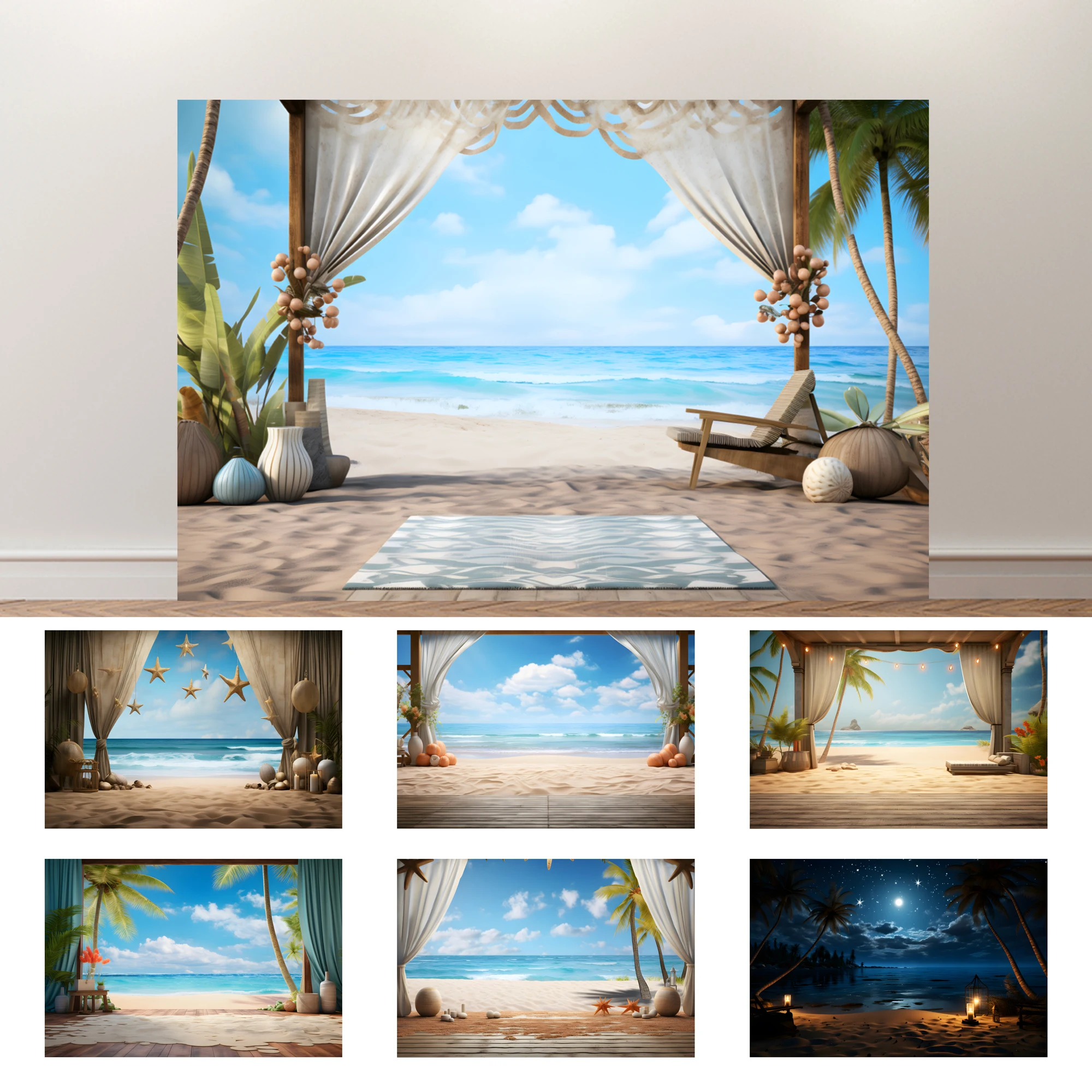 

SeekPro Summer Seaside Sandy Beach Backdrop Palm Tree Hawaiian Party Holiday Background Baby Birthday Travel Party Decor Props