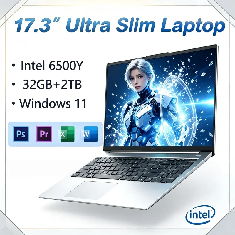 17.3 Inch Home Entertainment Notebook Windows 11 Intel 6500Y 32GB RAM 2TB SSD Fingerprint Unlock Office Laptop