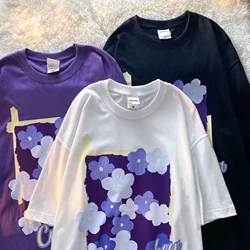 Fashion Tops Flowers Purple Short-sleeved T-shirt Women's Summer Loose Ins Niche Lazy Style Women Graphic Tees Oversized T Shirt