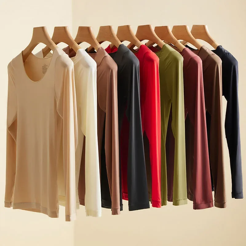 Winter Frauen Thermo-unterwäsche Tops Warm Halten Lange Ärmel Bodenbildung Shirt Pullover Elastische Weibliche Grundlegende Casual Thermische Tops