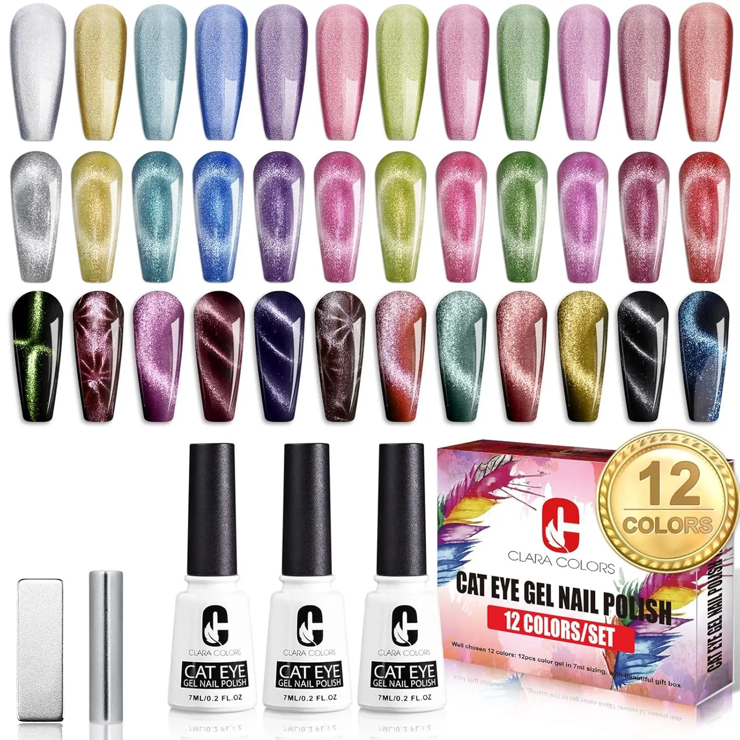 

12 Colors Cat Eye Gel Nail Polish Set with 2 Magnet Sticks, Holographic Glitter 9D Galaxy Series for Home DIY UV LED Soak Off