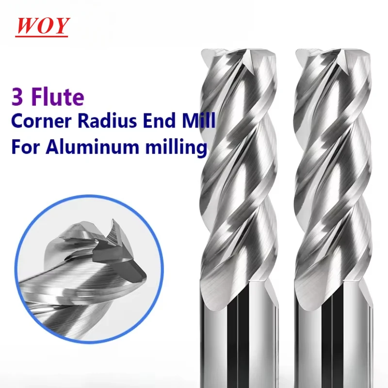 WOY CNC R Bullnose Cutter R0.5 R1Surface Machining 3Flutes  1,3-,6,8,9,10,12-20mm Corner Radius Milling Cutter Aluminum End Mill