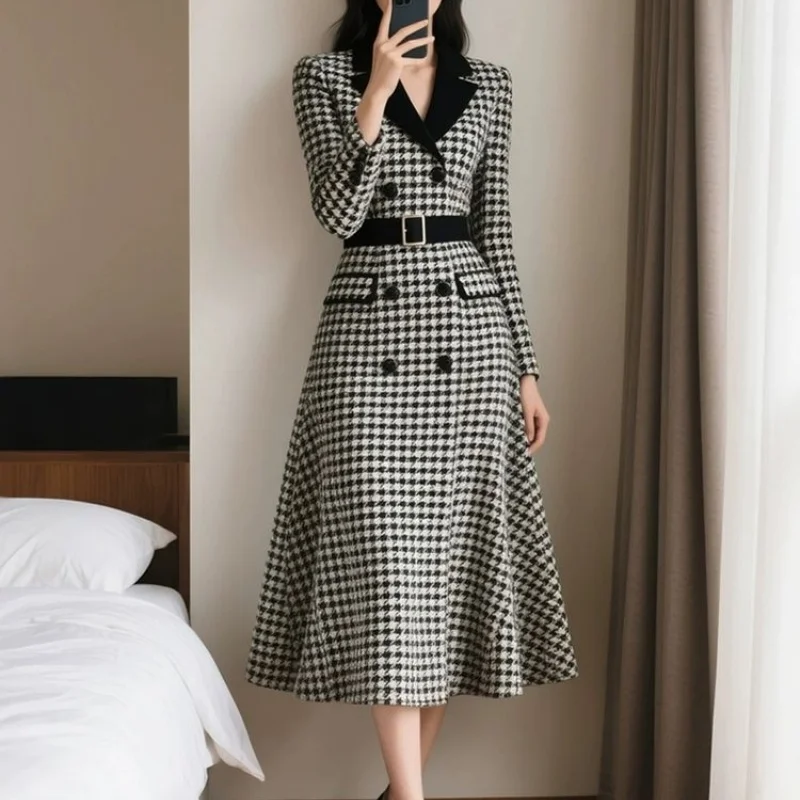 New Fashion Vintage Plaid Dress Women French Elegant Notch Collar High Waist Double Breasted Long Sleeve Midi Dresses Vestidos