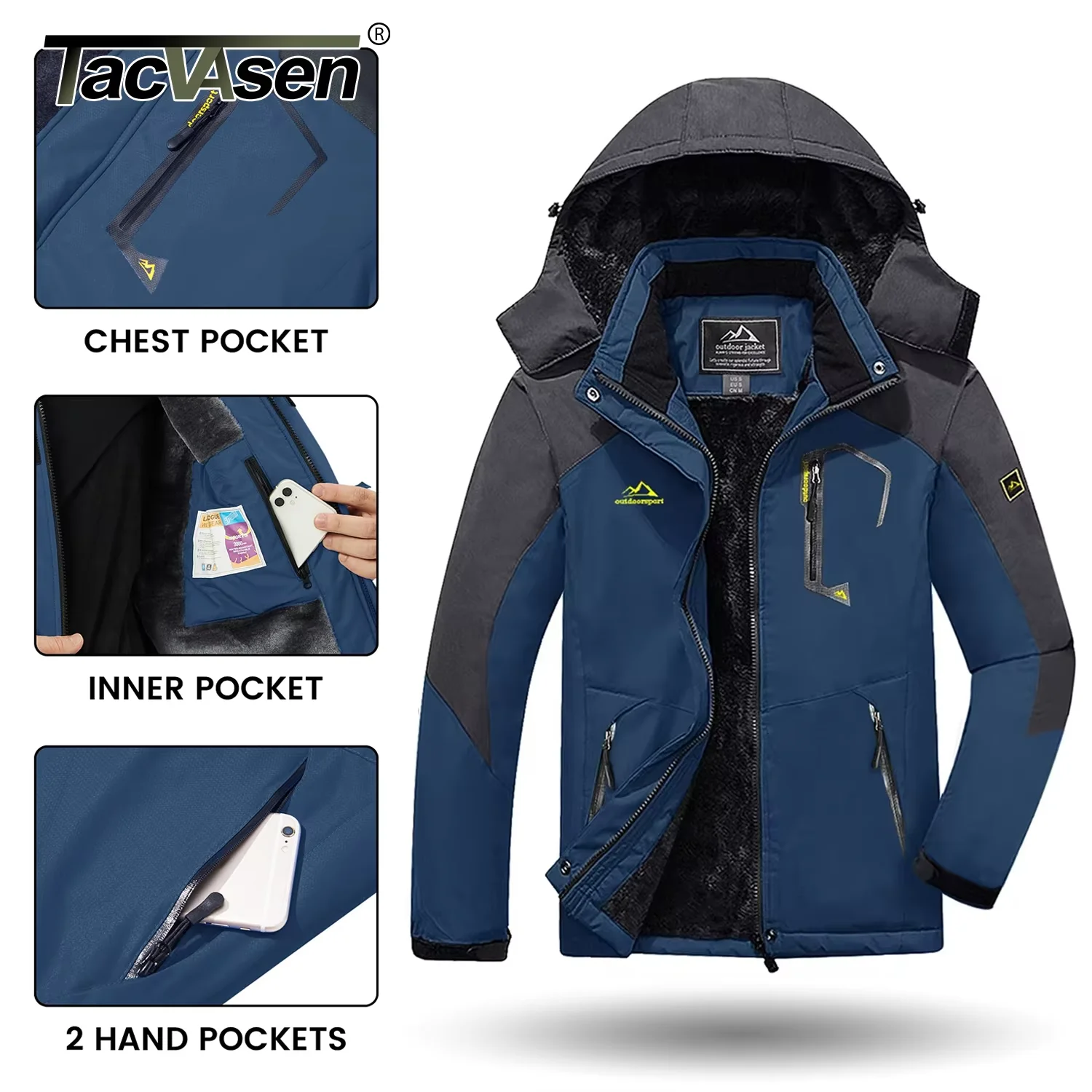 TACVASEN Winter Fleece Lined Jacket Men's Fleece Lining Coats Thermal Warm Jacket Hiking Walking Jacket Outdoor Windbreaker Male