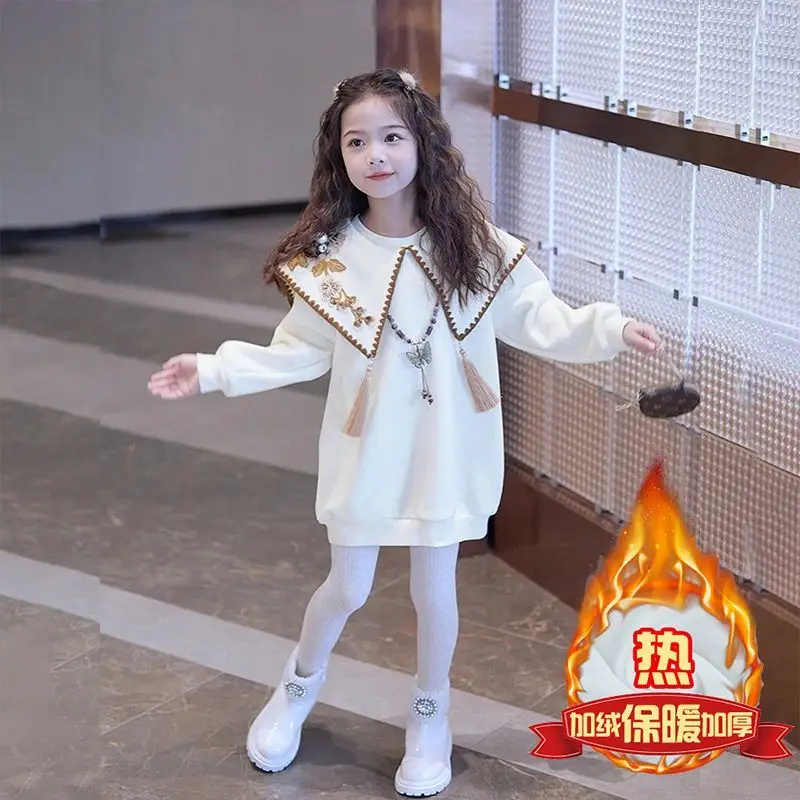 New Autumn Winter Girls Fringe Sweatshirt Dress Fleece Lined Thickened Fashion Stylish Warm Casual Outfit for Kids Daily Wear