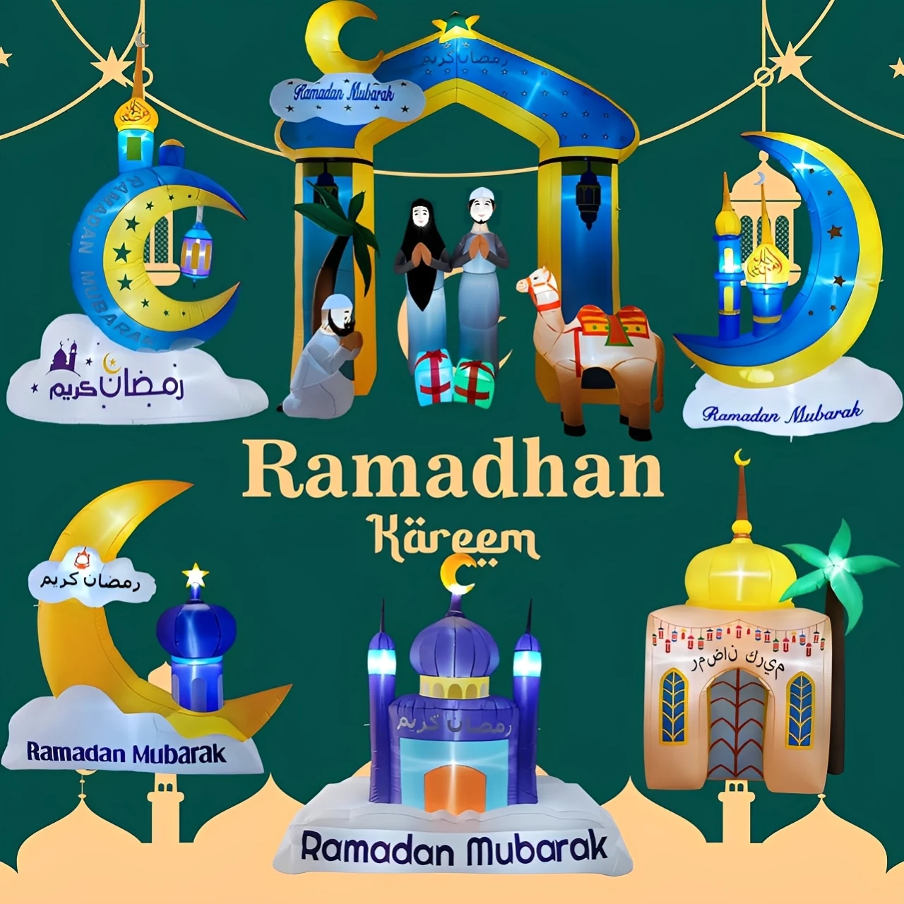 

Мусульманские/исламские надувные игрушки Рамадан Лунный дворец со светодиодной подсветкой, украшения Ид Мубарак для празднования крепления