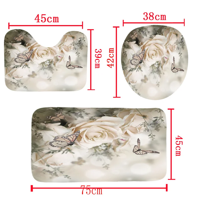 Butterfly Bath Curtain 3D Print Flowers Modern Bath Mat Set Waterproof Carpet High Quality Toilet Rugs Shower Curtain With Hooks