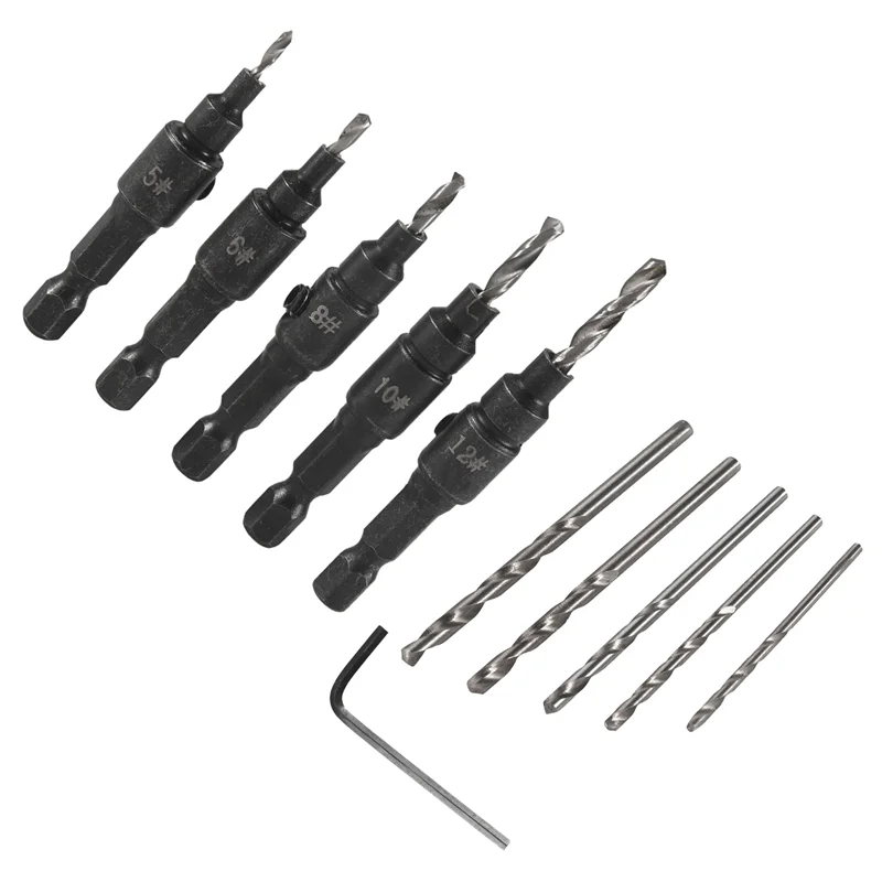 

ABVG-5-Piece Set Of 3/8-Inch Quick-Change 82° Chamfer Adjustable Drill Bits,HSS Wood Drill Bits Sink Hole Drilling Tool Kit