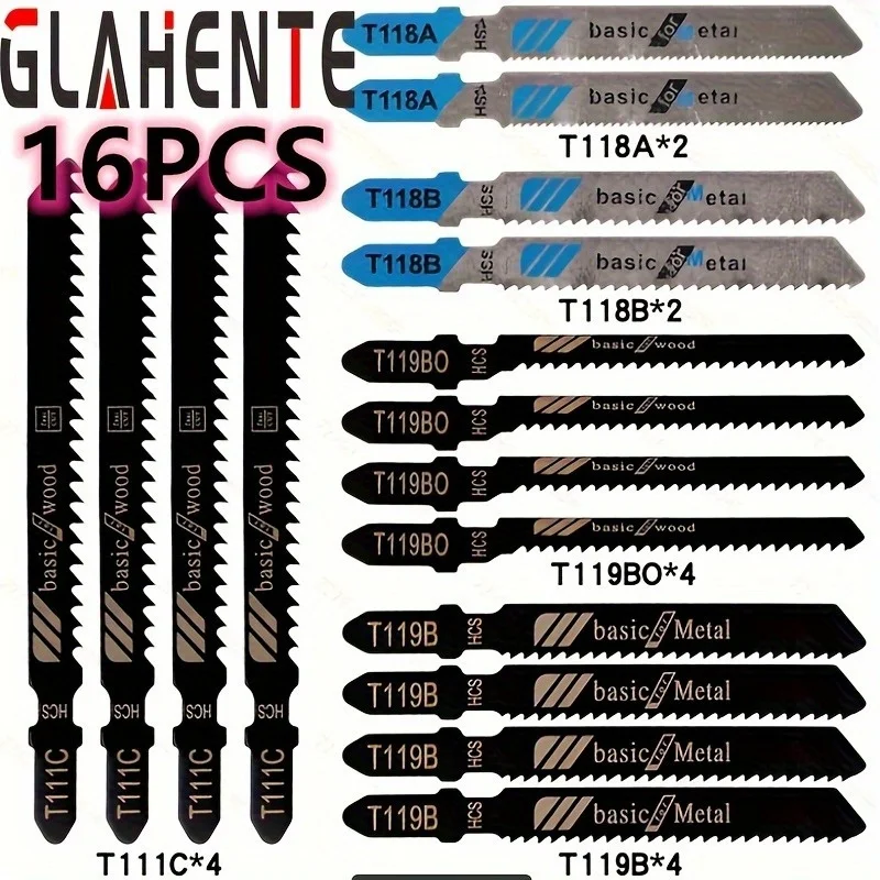 ‌ Juego de hojas de sierra de calar con vástago en T de 16 piezas - HCS/HSS surtido para madera, metal y plástico - Se adapta a la mayoría de sierras de calar ‌