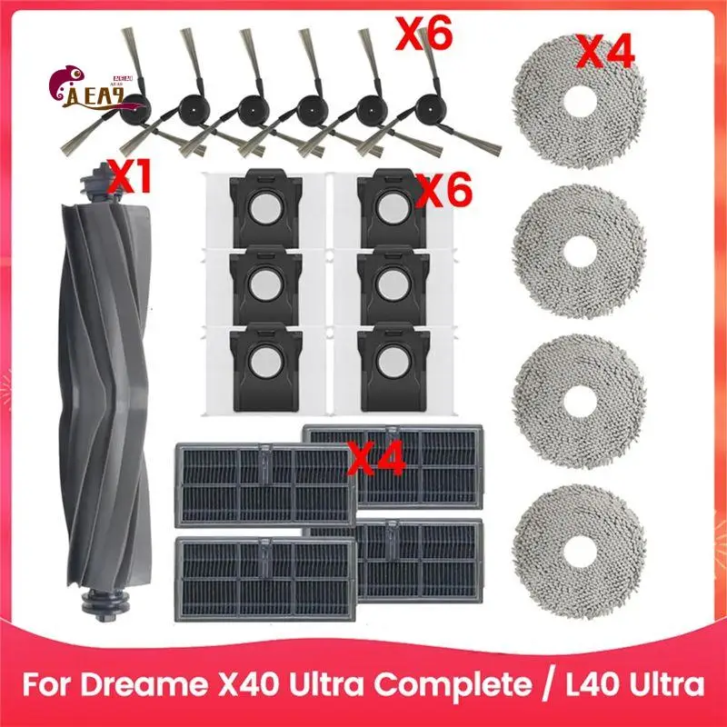 

Запасные части для робота-пылесоса Dreame X40 Ultra Complete / L40 Ultra: основная и боковые щетки, HEPA-фильтры, мешки для сбора пыли.