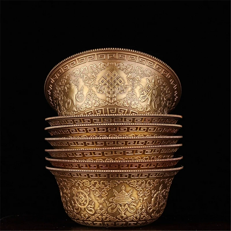 Buddhist supplies exquisite carved copper patina beautifully eight auspicious water holy cups Buddha 7pcs/set free ship