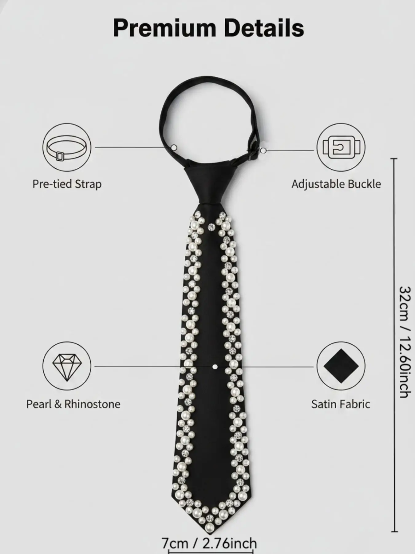 Pre-Tied Pearl Rhinestone Tie, Elegant Fashion, Quick Wear, Satin School Tie, Shirt Essential, Party, Graduation, Daily Wear