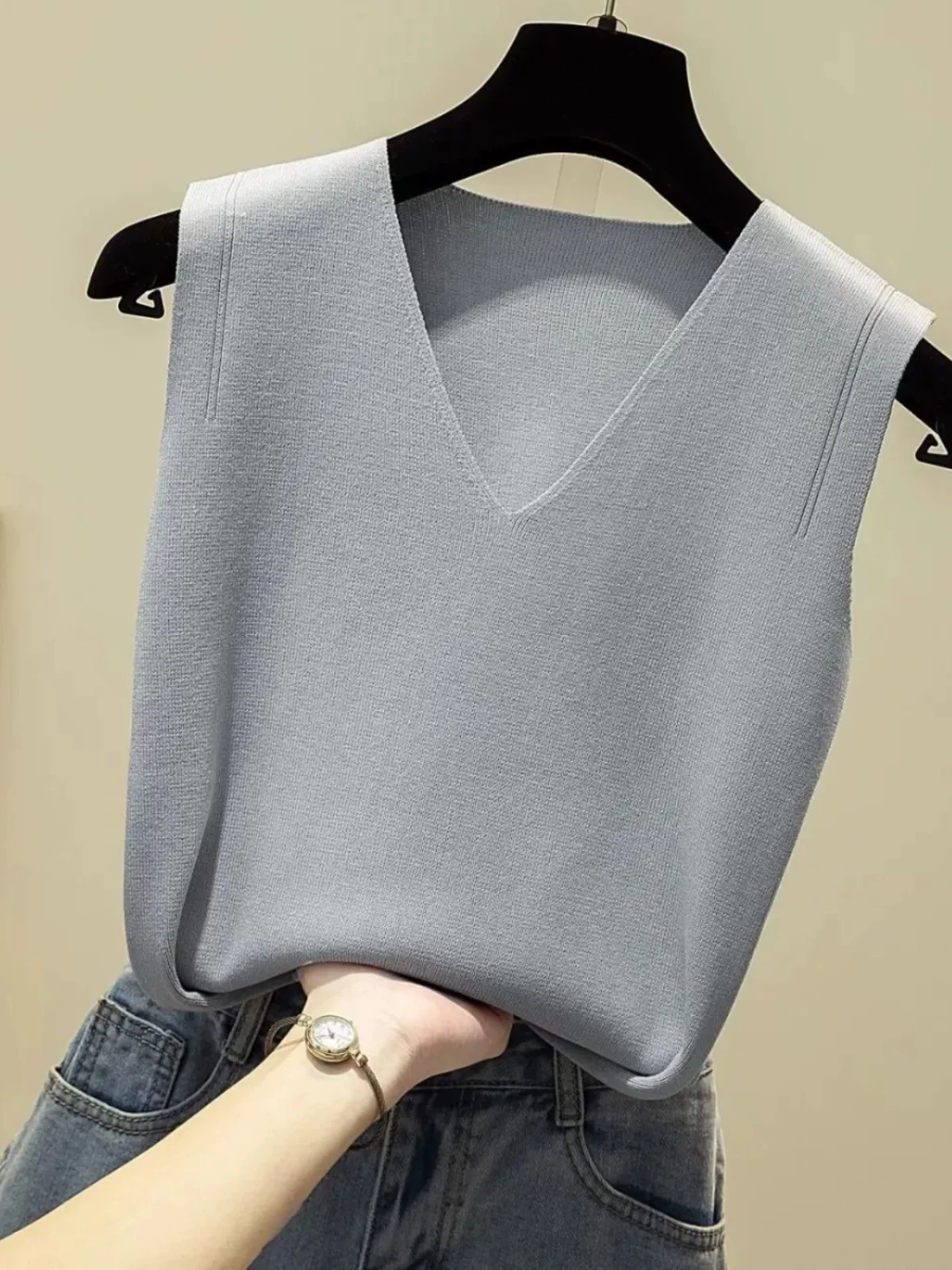 Ceco sin Mangas con Cuello en V a la Moda, Top de Punto Estilo Casual para Mujer, Ropa Interior E, Top con Tirantes...