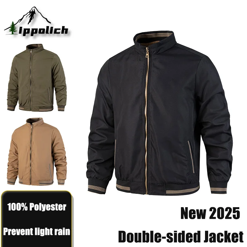 

IPPOLICH Male Double-sided Jacket Cargo Jackets Spring Autumn Stripe Solid Color Pocket Working Coat Mens Outdoor Casual Coats
