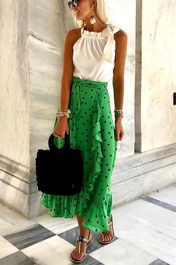 SKMY 2024 Summer Ruffle Irregular Maxi Skirt Strap Streetwear Fashion Green Pokal Dot Print Long Skirt Clothes For Women