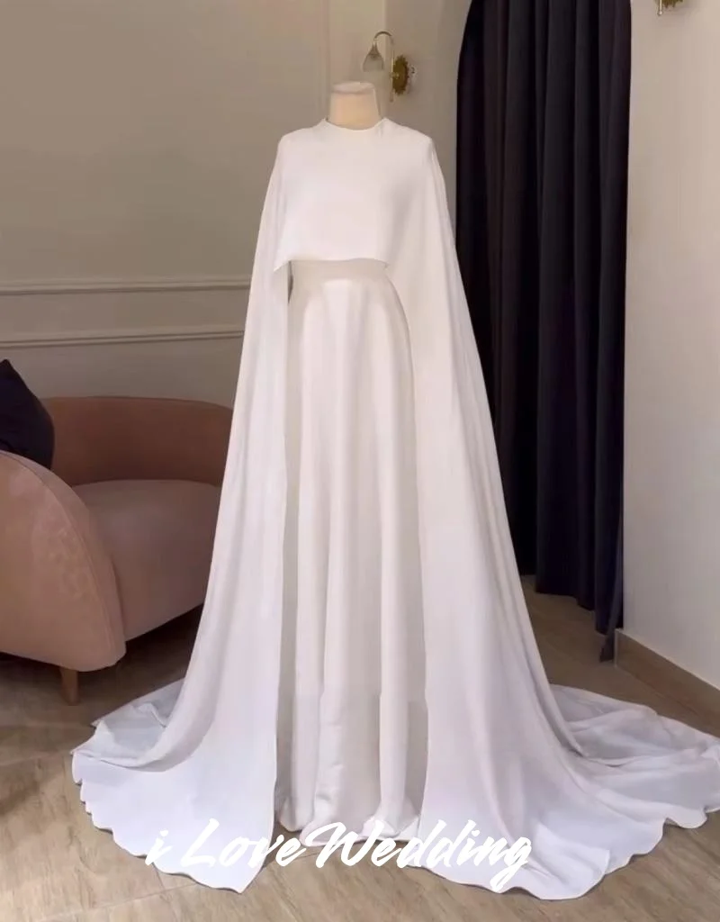 White O-Neck Wedding Dress 2025 Shawl Long Sleeve Button A-Line Saudi Arabia Sweep Train Muslim Floor-Length Pleated Customized