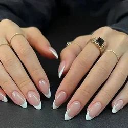 24Pcs French False Nails Almond Fake Nails with Glue Press on White Edge Design Wearable Simple Ins Pink Stiletto Nail Tips