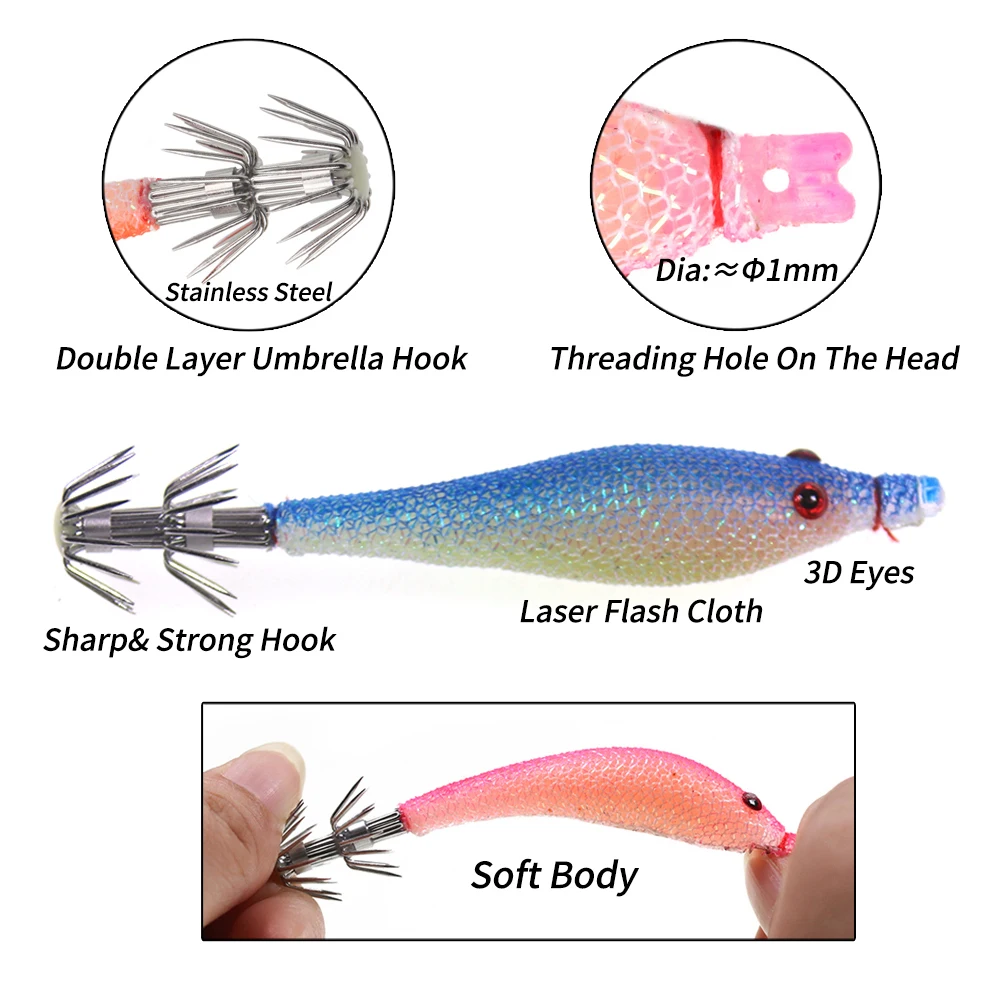 Linoriver 9cm/7.6g Double Umbrella Hook Soft Squid Lure Jigs Saltwater Fishing Luminous Artificial Octopus Cuttlefish Bait