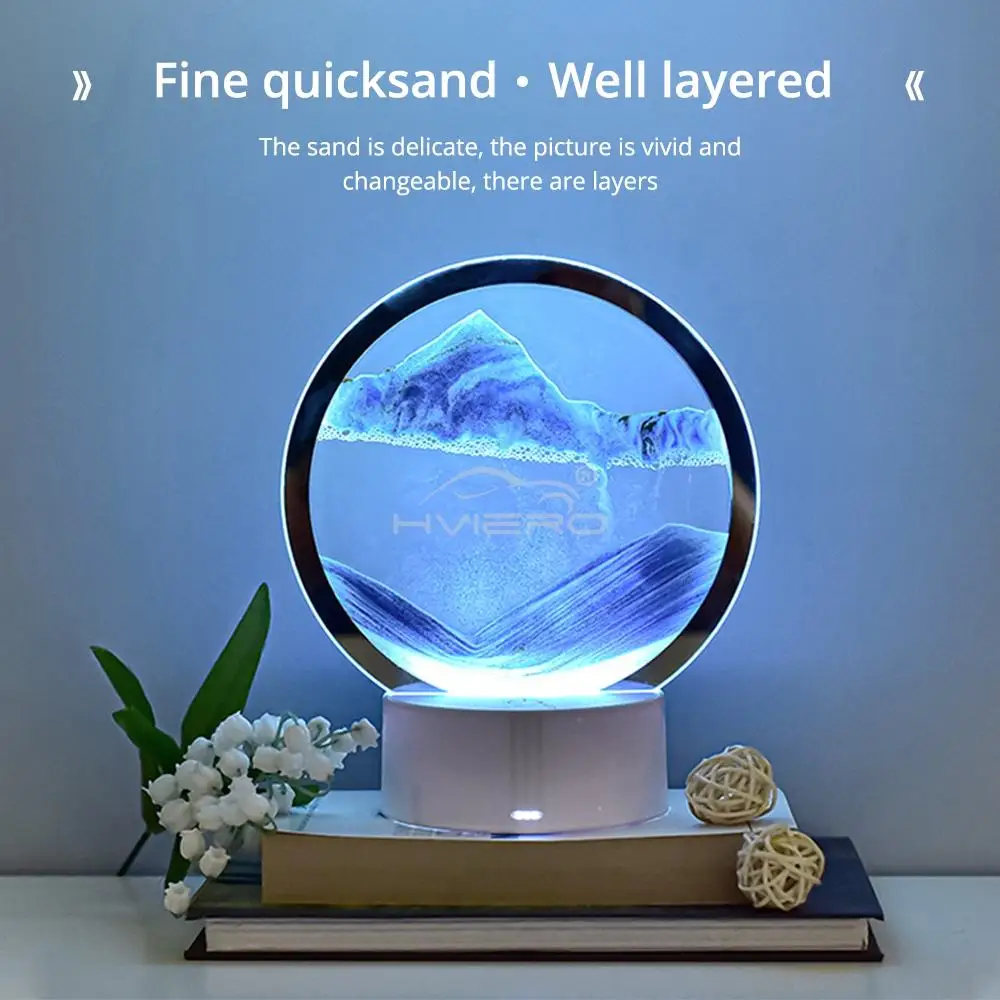 LED Quicksand Light Painted 6-color Table Lamp 3D Trend Moving Art Circular Glass Hourglass Bedside Home Decoration Nightlight