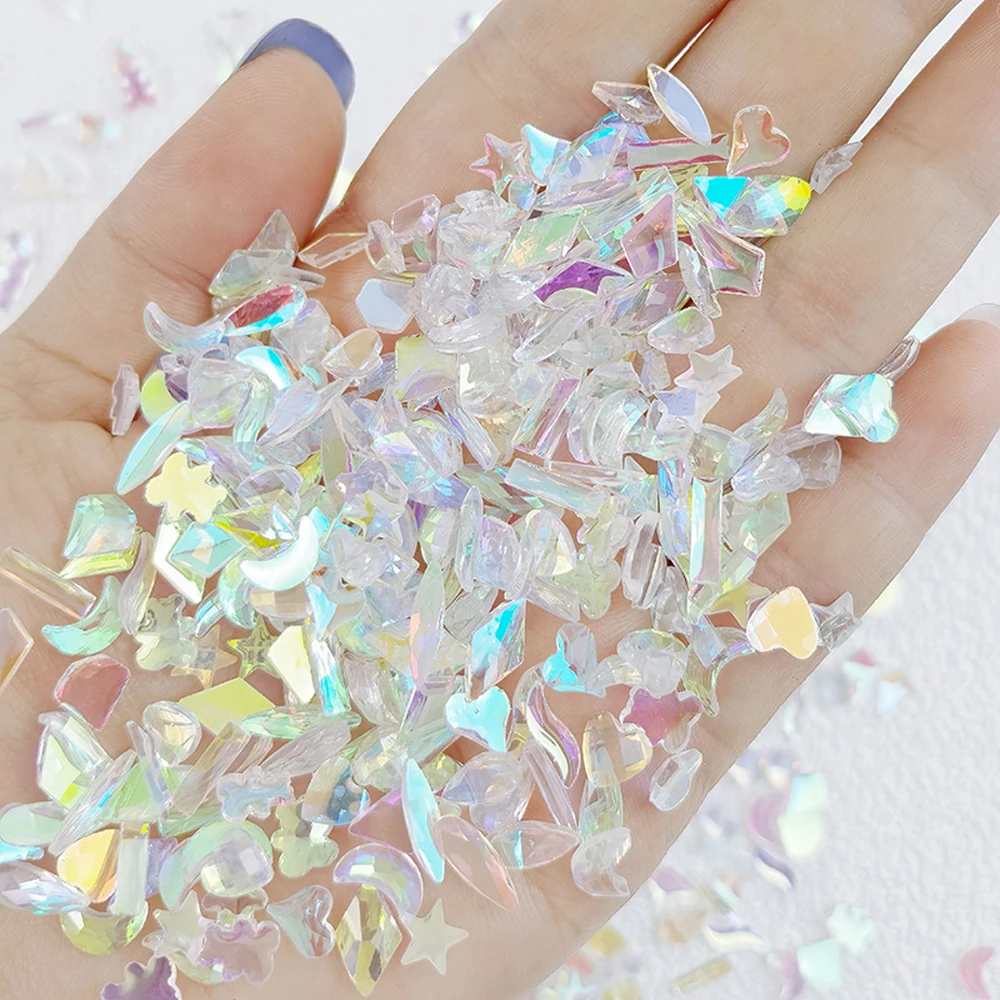 100pcs Flat Bottom Special-Shaped Nail Drill Charms 3D Aurora Heart Star Moon Ribbon Sleek Rhinestone Shiny Nail Charms Jewelry