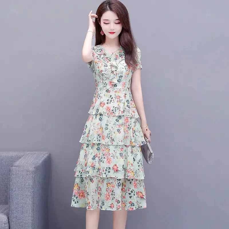 Oversized Women A-Line Floral Cake Mid Length Dress Boho Slim V-Neck Dresses Korean Elegant Vestido Summer Causal Vestidos New