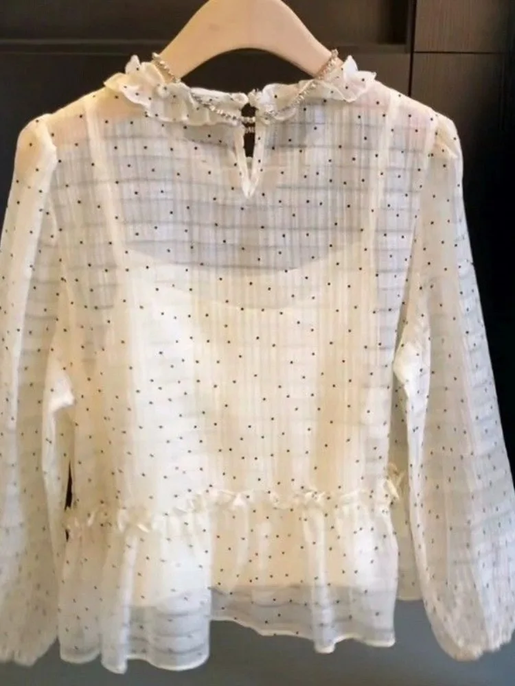 Sweet Polka Dot Long Sleeve Shirt Women's Summer Loose Thin See-through Gentle Style Micro-transparency Small Top