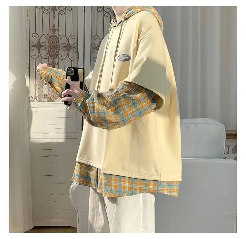 2025 Autumn New Fake Two Piece Men's Hoodie Korean Fashion Harajuku Casual Loose Men's Hoodie Pullover Sweatshirt Streetwear