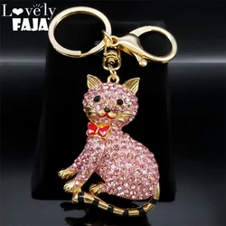 Pink Crystal Cute Cat Key Chain for Women Alloy Rhinestone Pet Animal Key Ring Sweet Kitten Car Bag Accessories Jewelry K5207S03