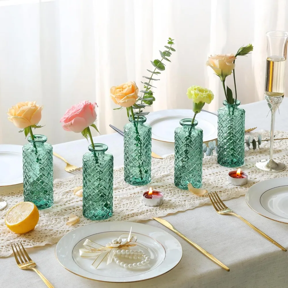 مجموعة مزهريات برعم زجاجية مكونة من 12 قطعة، مزهريات برعم ماسية صغيرة بكميات كبيرة، مزهريات زهور صغيرة للقطع المركزية، قطعة مركزية للديكور العتيق