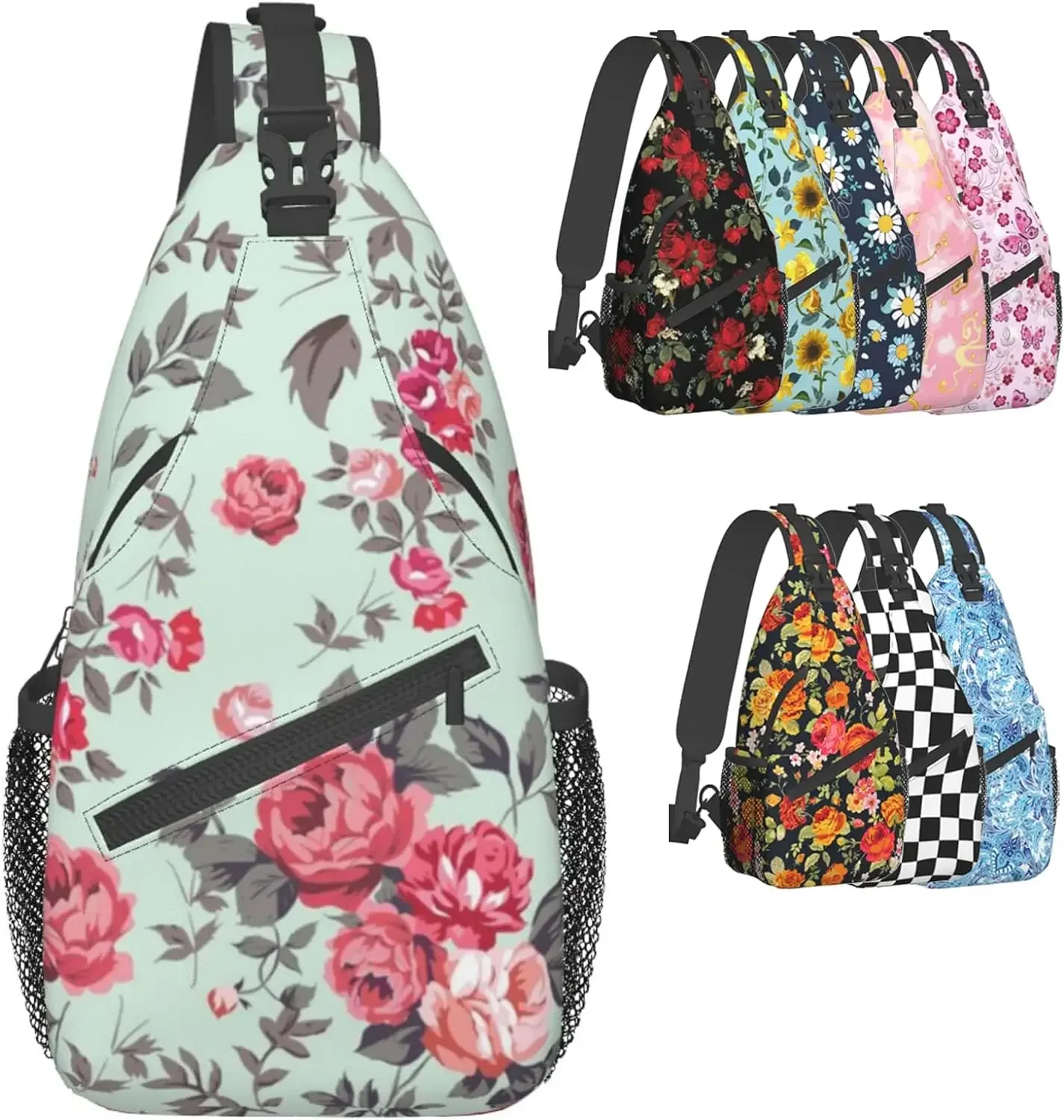 Flower Rose Floral Pattern Sling Bag Crossbody  Backpack Travel Hiking Chest Bags Shoulder Sports Daypack for Women