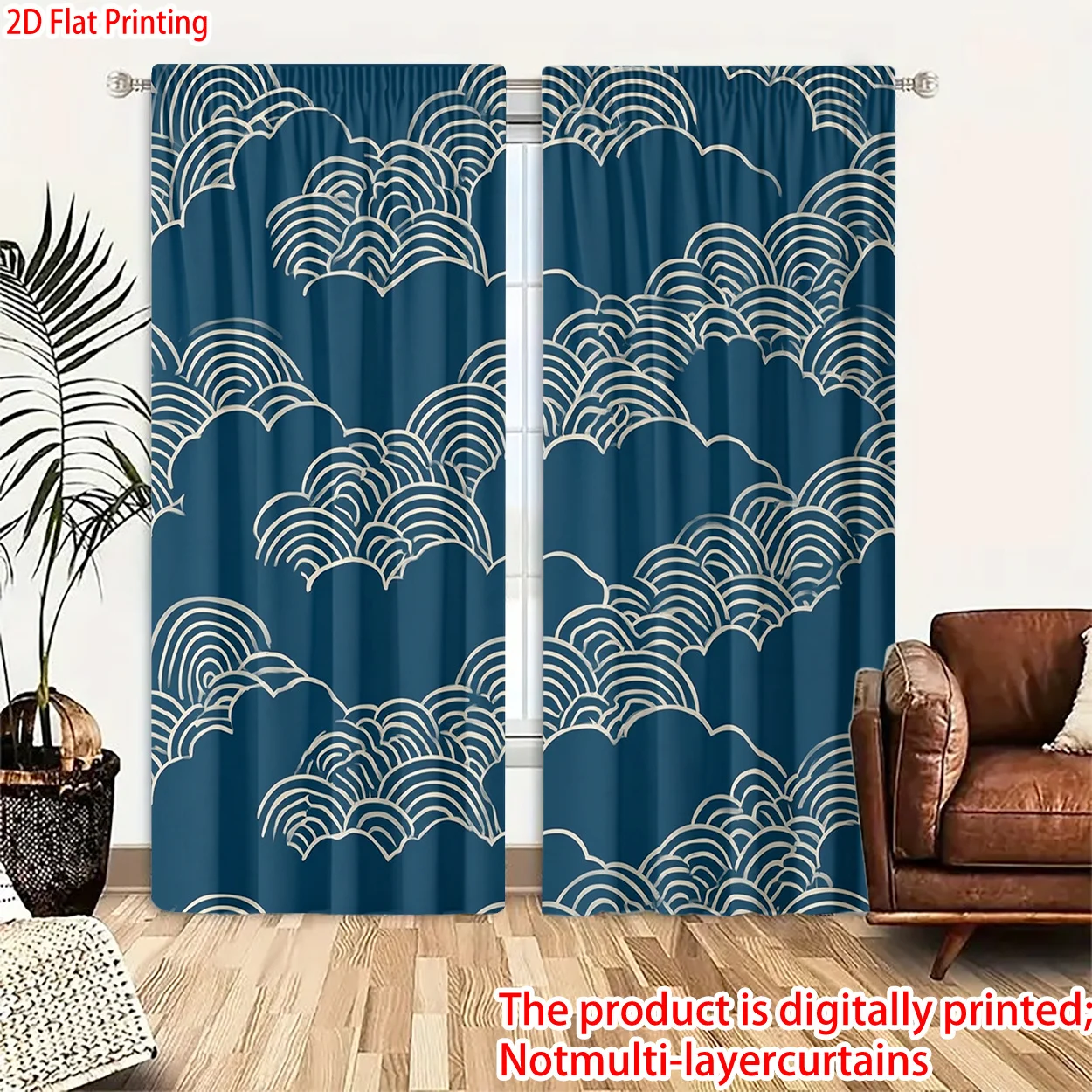 2D Flat - 2D Flat - Two Pieces of 2D Printed Curtains Made of Polyester, Featuring a Cloud Pattern Design. These Light-Filtering