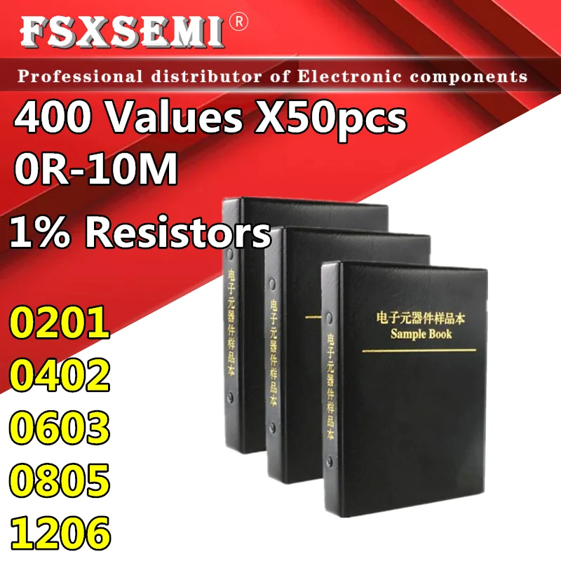 

400valuesX50pcs 0201 0402 0603 0805 1206 Resistor Resistors 1% SMD SMT Chip Assortment Kit 0R-10M Sample Book free shipping