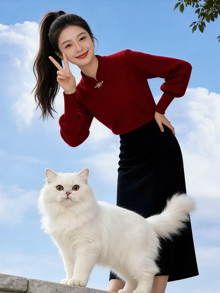 

Red Long Sve Knitted Sweater Women's Faionable High End New Chinese Sle Spring Autumn New Model Cliant Commute Sle