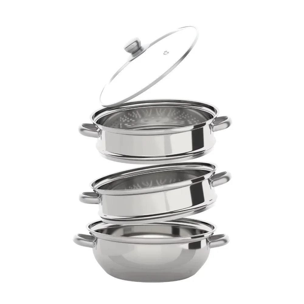 

3 Tier Stainless Steel Steamer 28cm with Glass Lid Steaming Cooker Thickened Cookware Multifunctional Cooking Pot