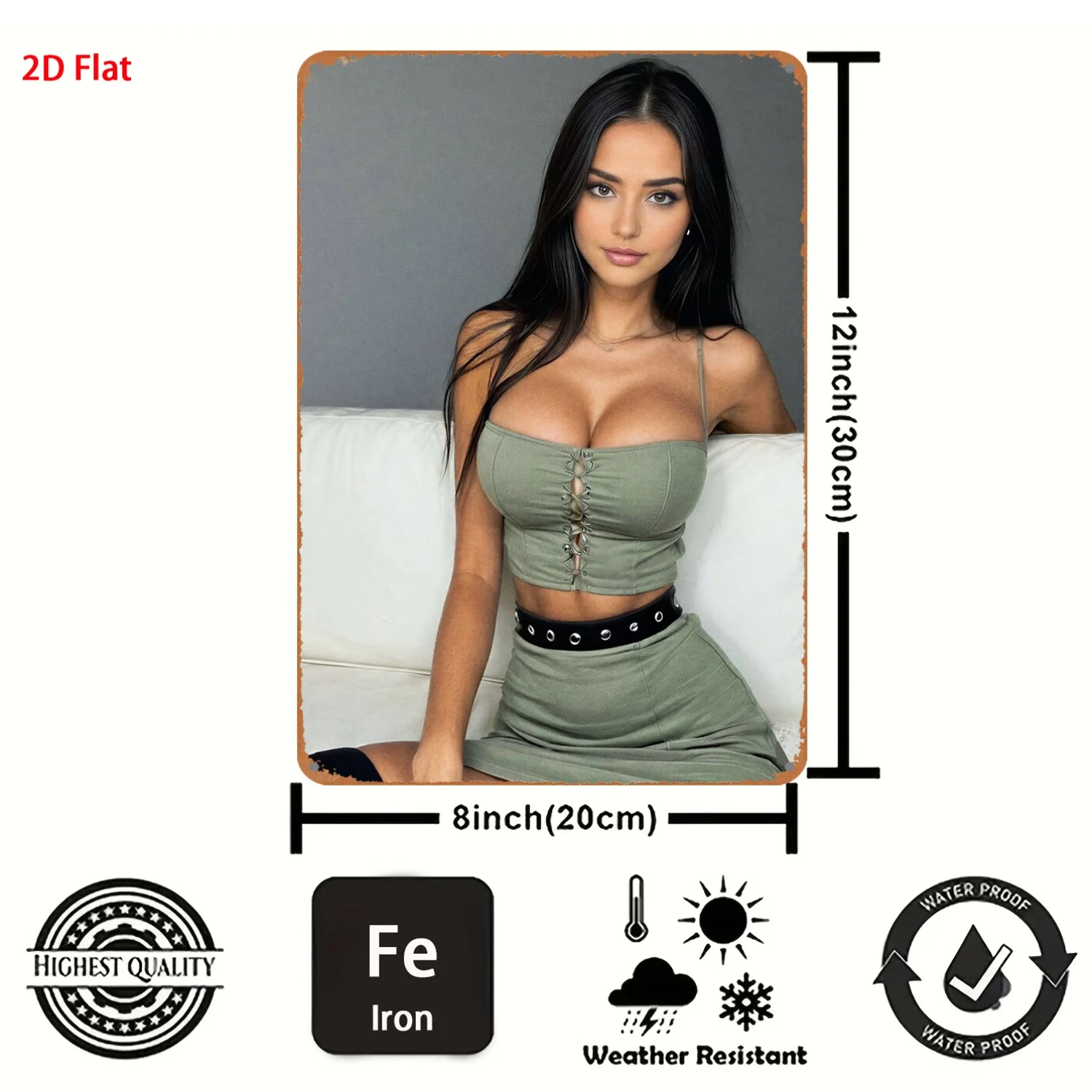 2D Metal Sign Modern Retro Black-Haired Woman in Green Crop Top & Skirt Metal Sign