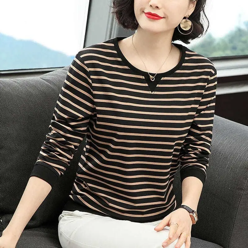 Fashion O-Neck Printing Loose Striped T-Shirt Women\'s Clothing 2022 Autumn New Casual Pullovers Tops Korean Oversized T-shirt