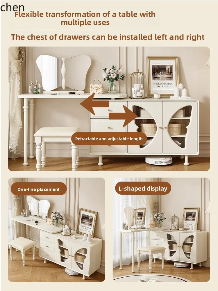 Cômoda H5.26 integrada com mesa de maquiagem de canto para quarto em madeira maciça