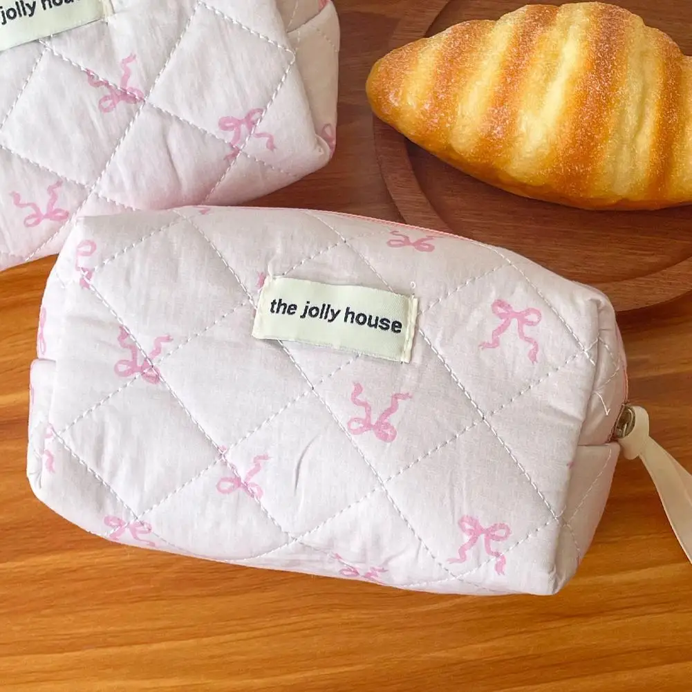 Pink Bowknot Quilting Women Cosmetic Bag Portable Zipper Makeup Travel Organizer borsa da toilette per donna per ragazze