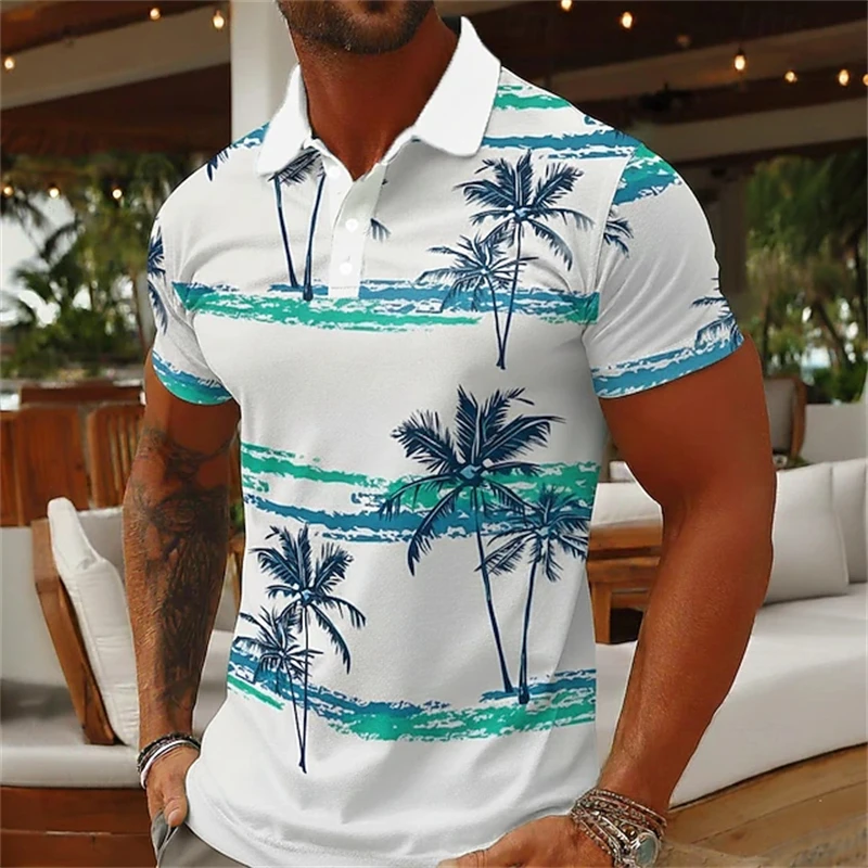 New Men's Summer 3D Palm Tree Print Short-Sleeve Shirt Men's Fashionable Casual Polo Shirt Beach Vacation Collared T-Shirt