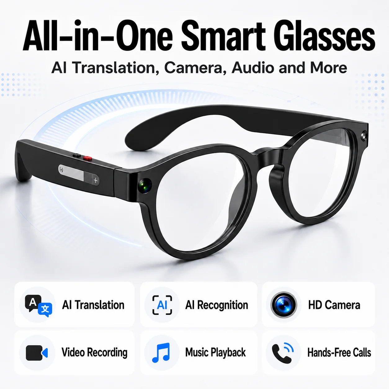 AI Smart Bluetooth Glasses 5MP Camera 1080P Video Real-Time Translation Image Recognition Open-Ear Audio Calls