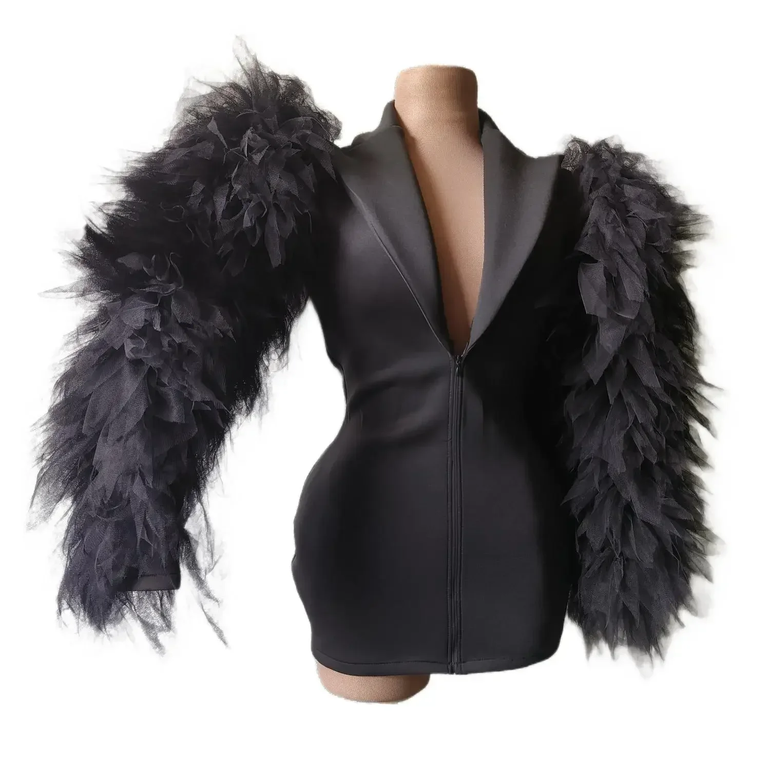 

Women Big Mesh Sleeves Black Jacket Sexy Singer Dancer Dress Nightclub Jazz Dance Costume Performance Show Stage Wear Xizhuang