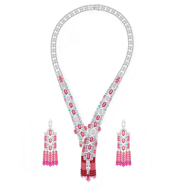 Designer Vintage Earrings Necklace Women Lady Inlay Czech Zircon Enamel Red Beads Tassels Wide Chain Party Choker Jewelry Sets