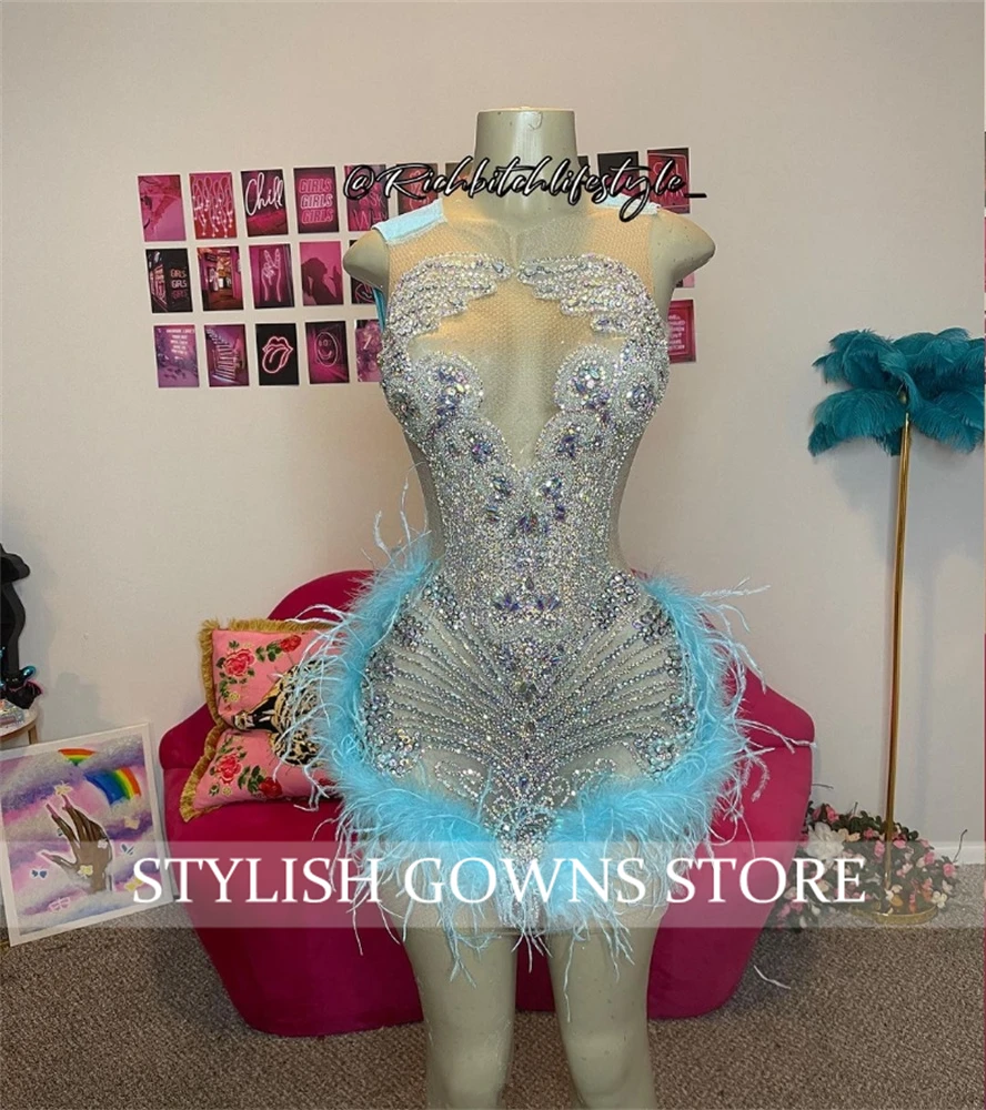 Sky Blue Short Prom Dress For Black Girl Silver Beaded Crystal Birthday Party Dresses Feathers Mini Cocktail Customized