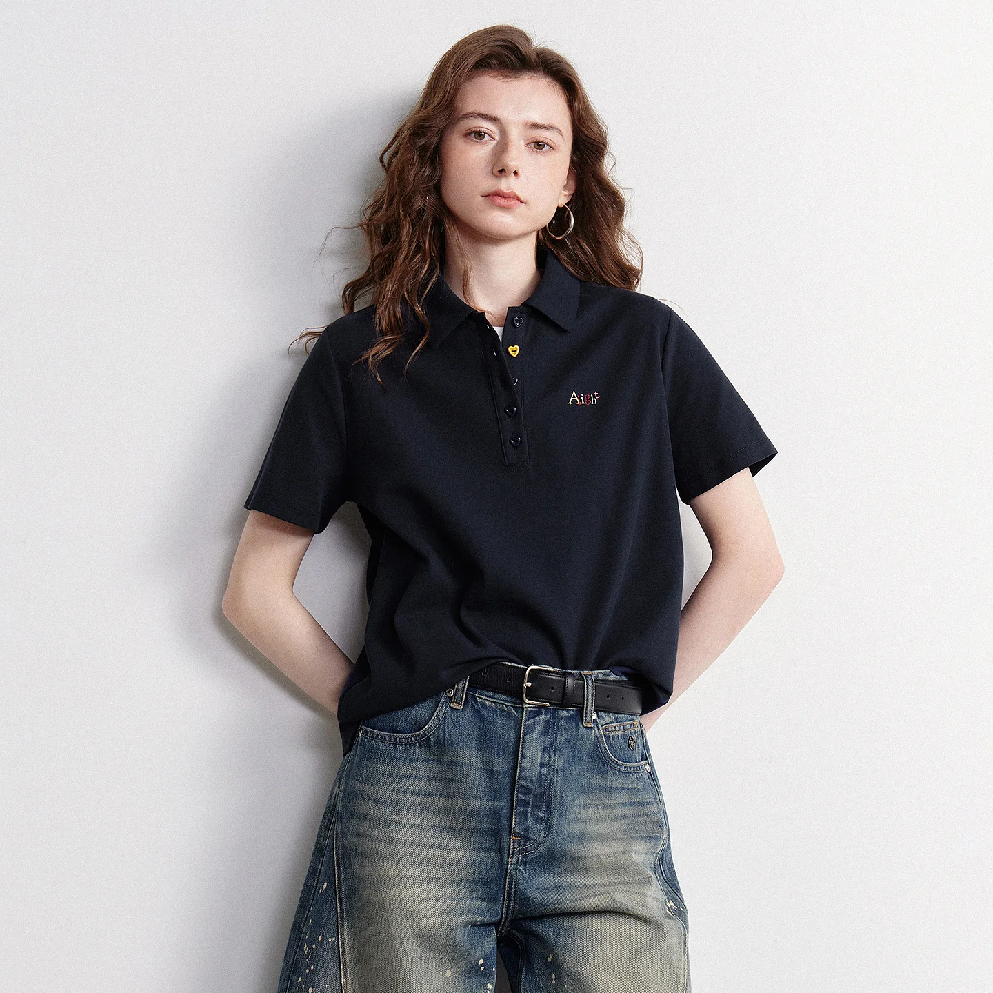 TOYOUTH Women T-shirt 2026 Summer New Breathable Bead Polo Shirt with Heart-shaped Button and Colorful Embroidery Top - Image 2