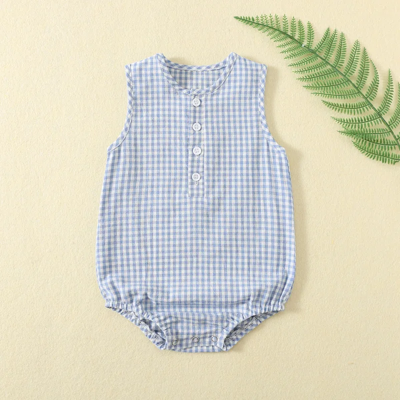 Baby Summer Sleeveless Romper, Pure Cotton Newborn Triangle Bodysuit, Gingham Infant Clothes, Boys Girls Outdoor Thin Wear