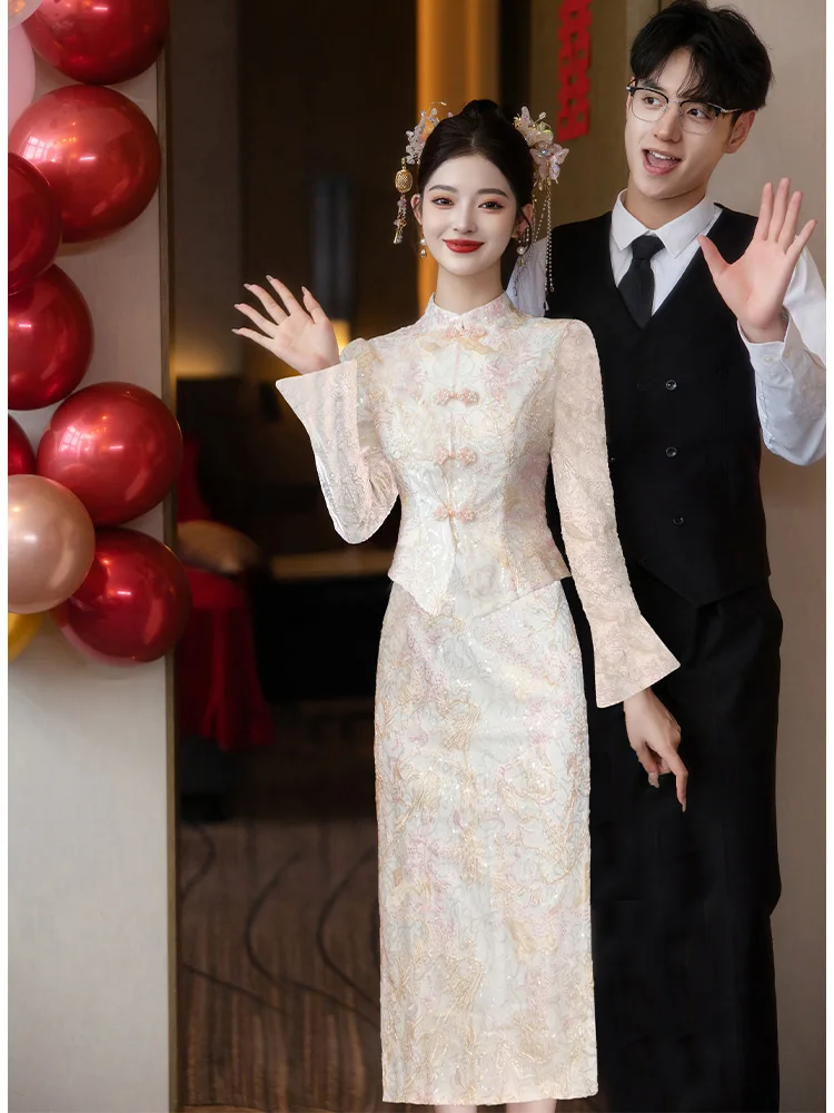 

Комплект свадебных платьев Young Sle Long Sve цвета шампань для традиционной китайской свадебной церемонии для невесты