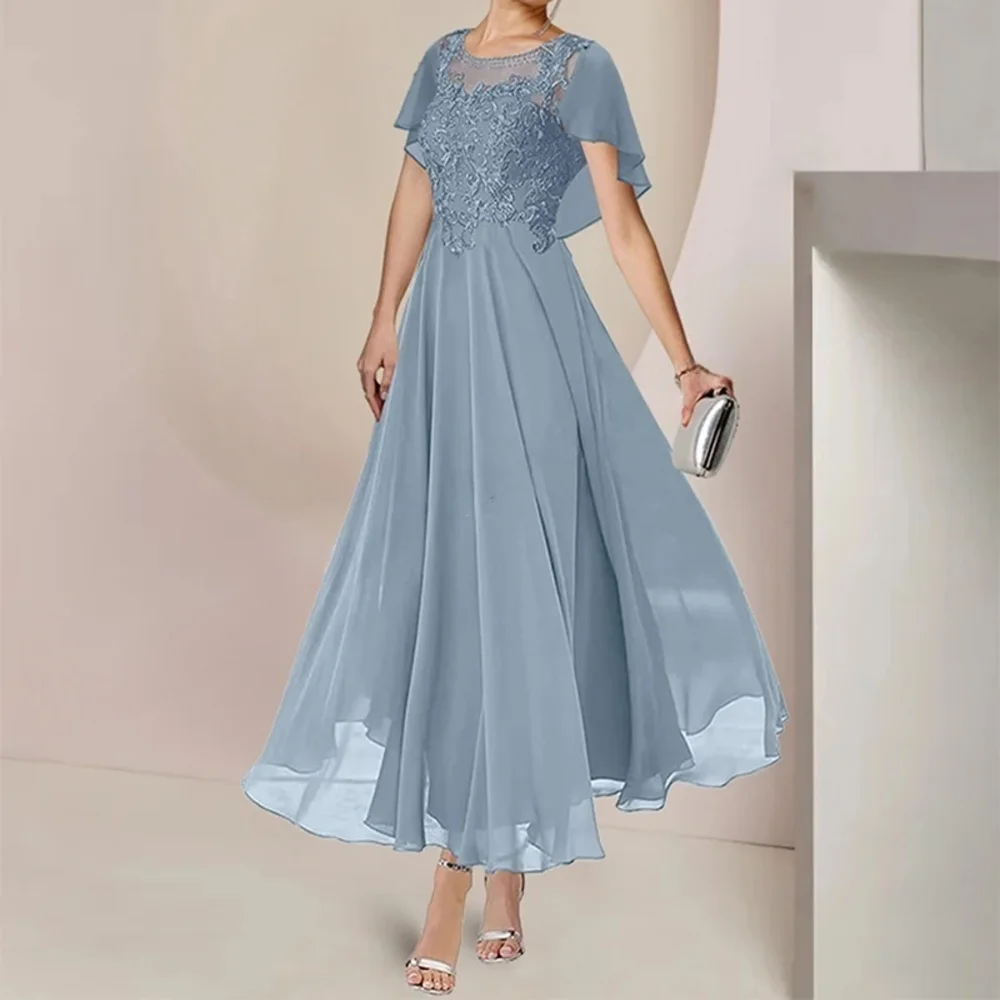 

2023 Evening Gala Long Elegant Appliques O-Neck Ankle Length Mother of the Bride Dresses Chiffon Wedding Party Skirt for Women