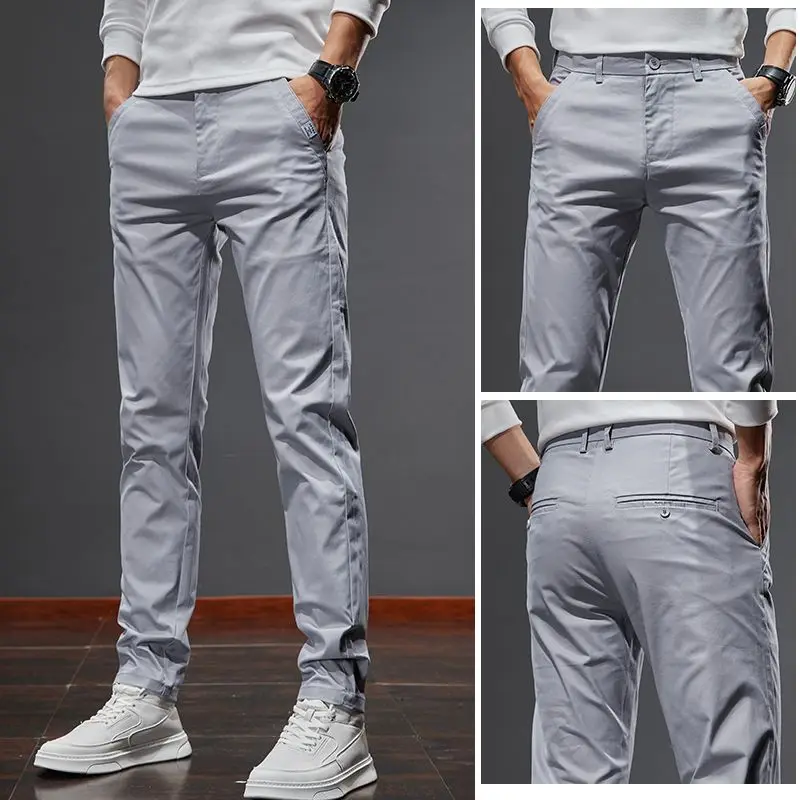 Autumn Trend Fashion Solid Color Straight Pants Male Clothes Simplicity All-match Casual Elastic Slim Pockets Trousers for Men